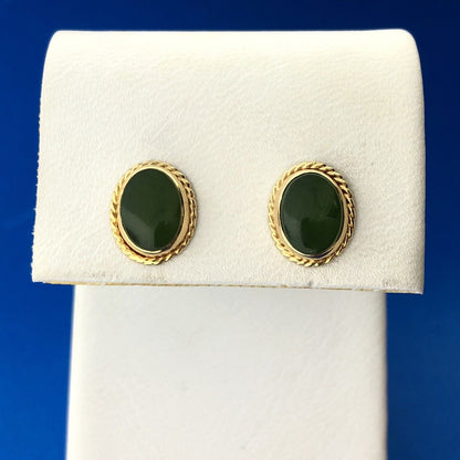Retro 14K Yellow Gold Oval Jade Jadeite Cabochon Stud Earrings