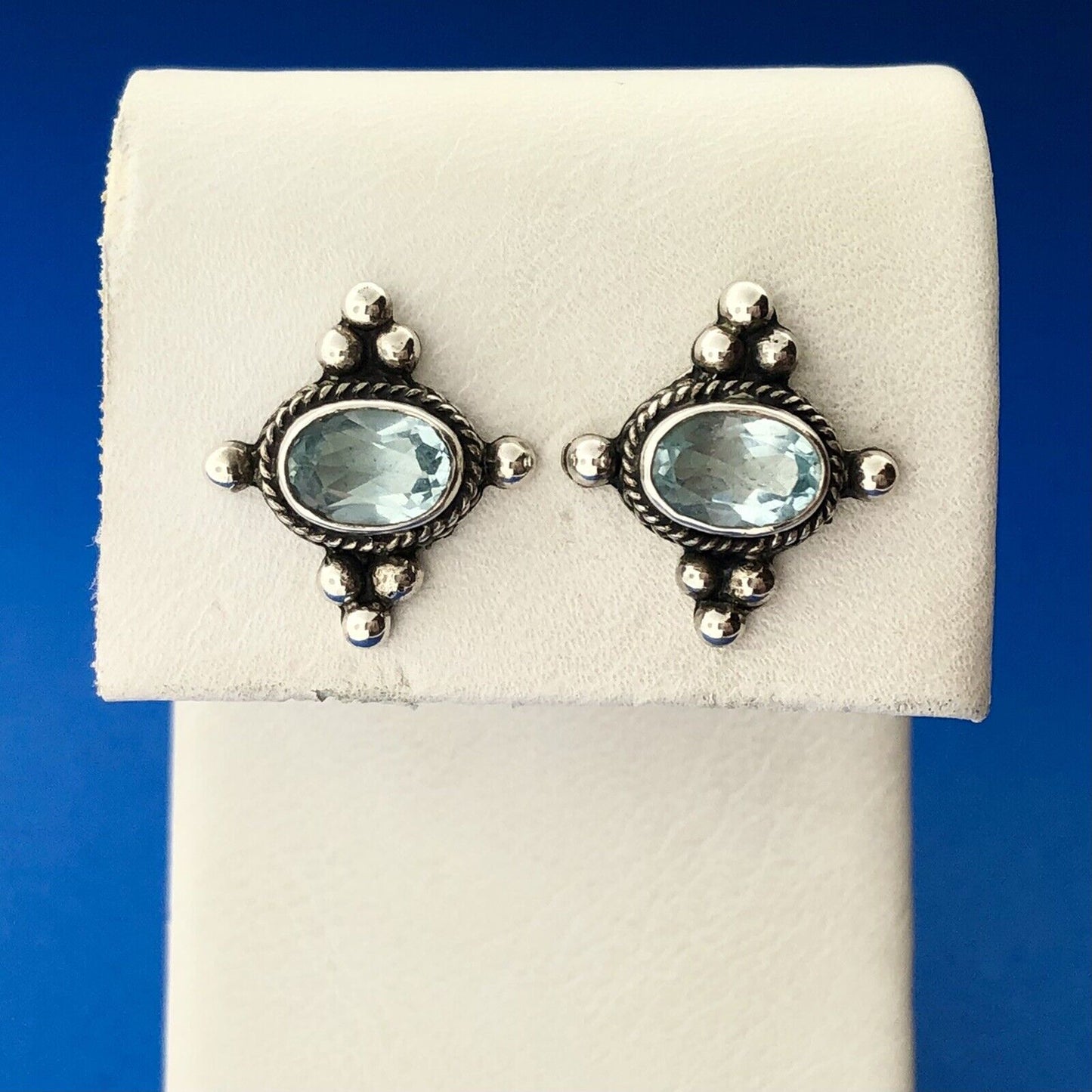 Estate 925 Sterling Silver Oval Blue Topaz December Occasion Stud Earrings