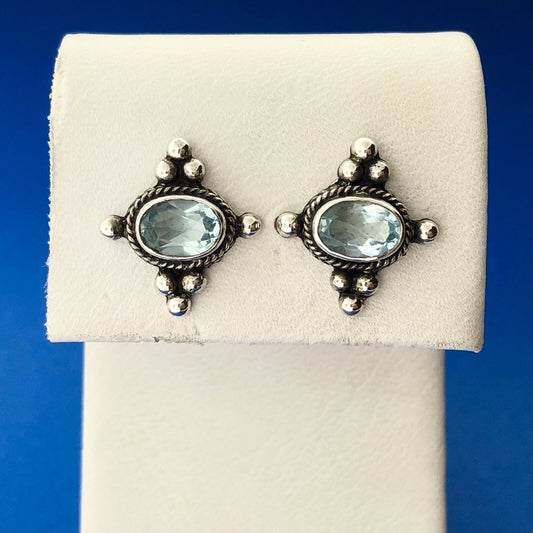 Estate 925 Sterling Silver Oval Blue Topaz December Occasion Stud Earrings