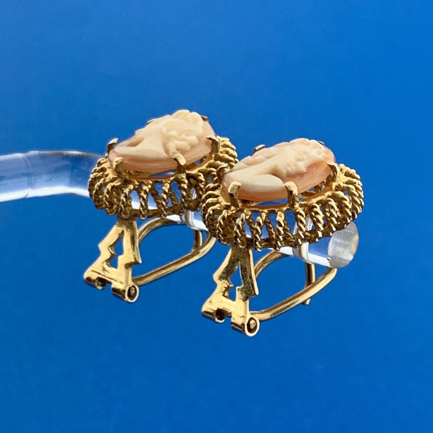 Gorgeous 14k Yellow Gold Orange Cameo Shell Rope Accent Omega Back Stud Earrings