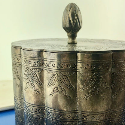 Vintage Silver Plate Velvet Lined Floral Scroll Etched Trinket Jewelry Box