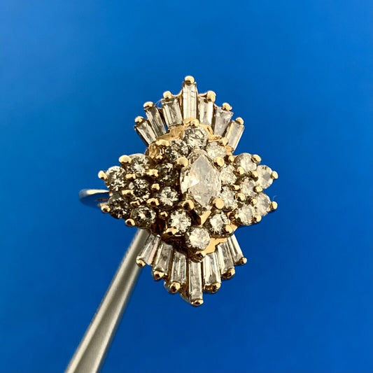 Estate 14K Yellow Gold Diamond Waterfall Cluster Statement Cocktail Ring