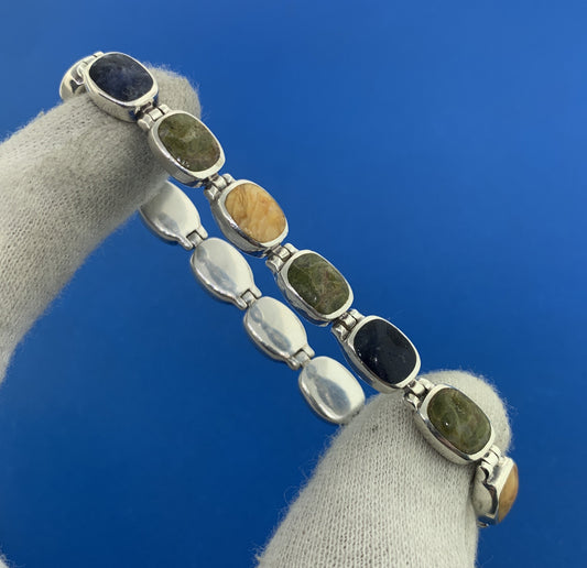 Native American Artisan Sterling Silver 925 Multi Stone Oval Cabochon Bracelet