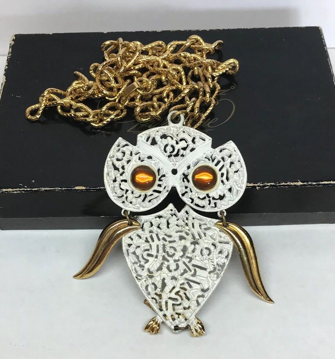 Park Lane Amber Eyes White Enamel Filigree 3D Owl Gold Tone Statement Necklace