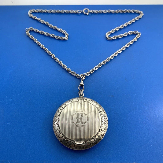 Monogrammed RNC 925 Sterling Silver Floral Scroll Compact With Silver Tone Chain