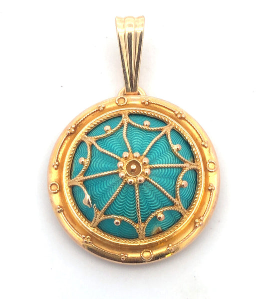 Art Nouveau Art Deco 14K Yellow Gold Aqua Turquoise Guilloche Enamel Pendant