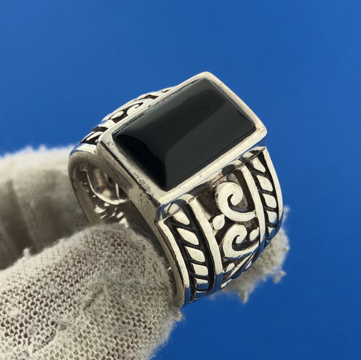 SILPADA Black Onyx Filigree Scroll Sterling Silver Wide Band Statement Ring