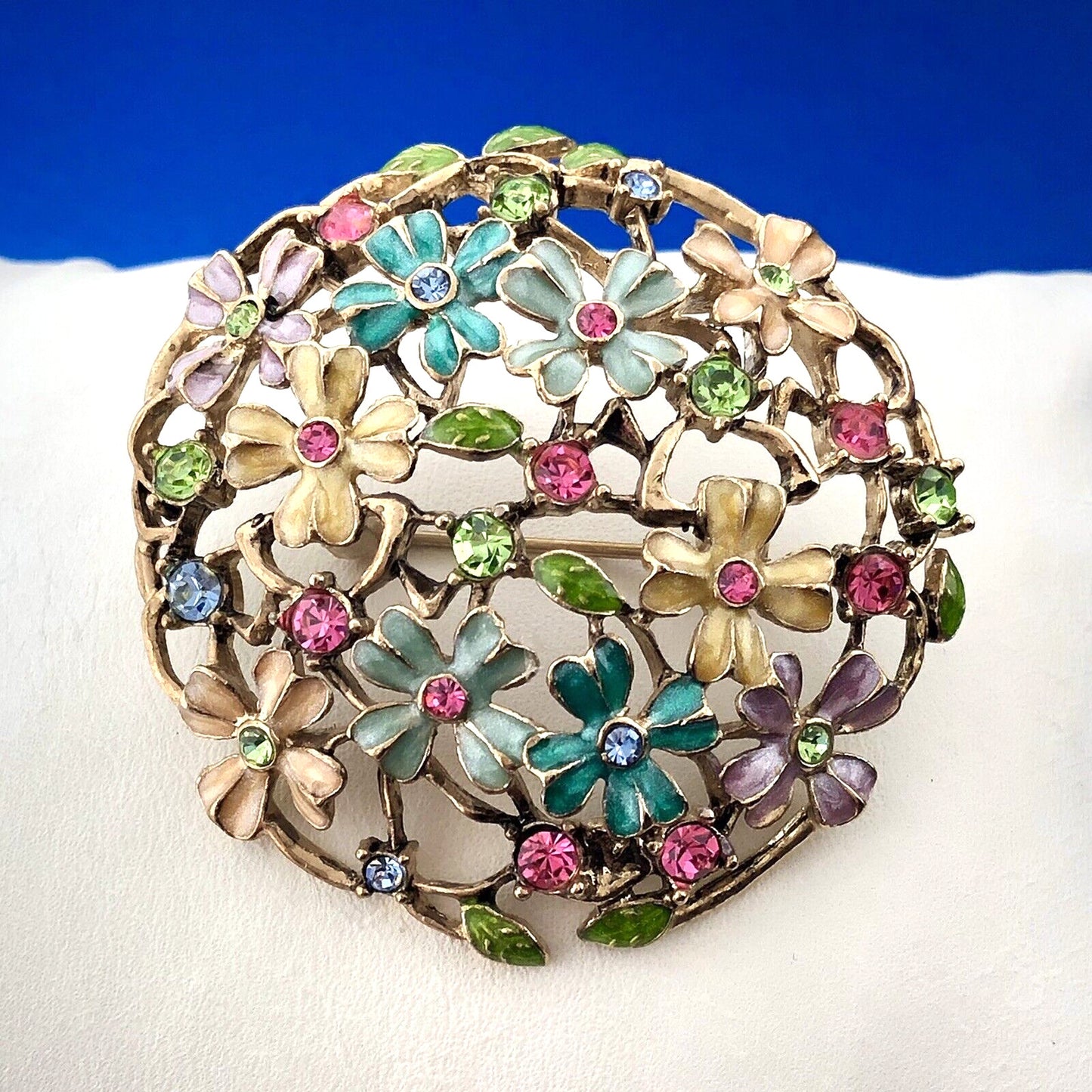 Mid Century Monet Gold Tone Multi Colored Enamel Rhinestone Spring Floral Brooch