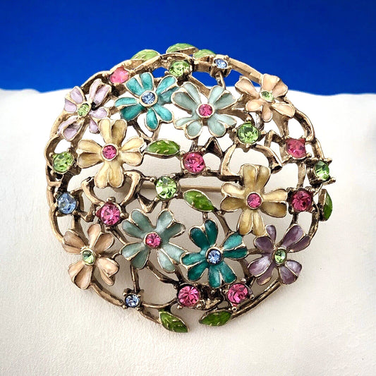Mid Century Monet Gold Tone Multi Colored Enamel Rhinestone Spring Floral Brooch