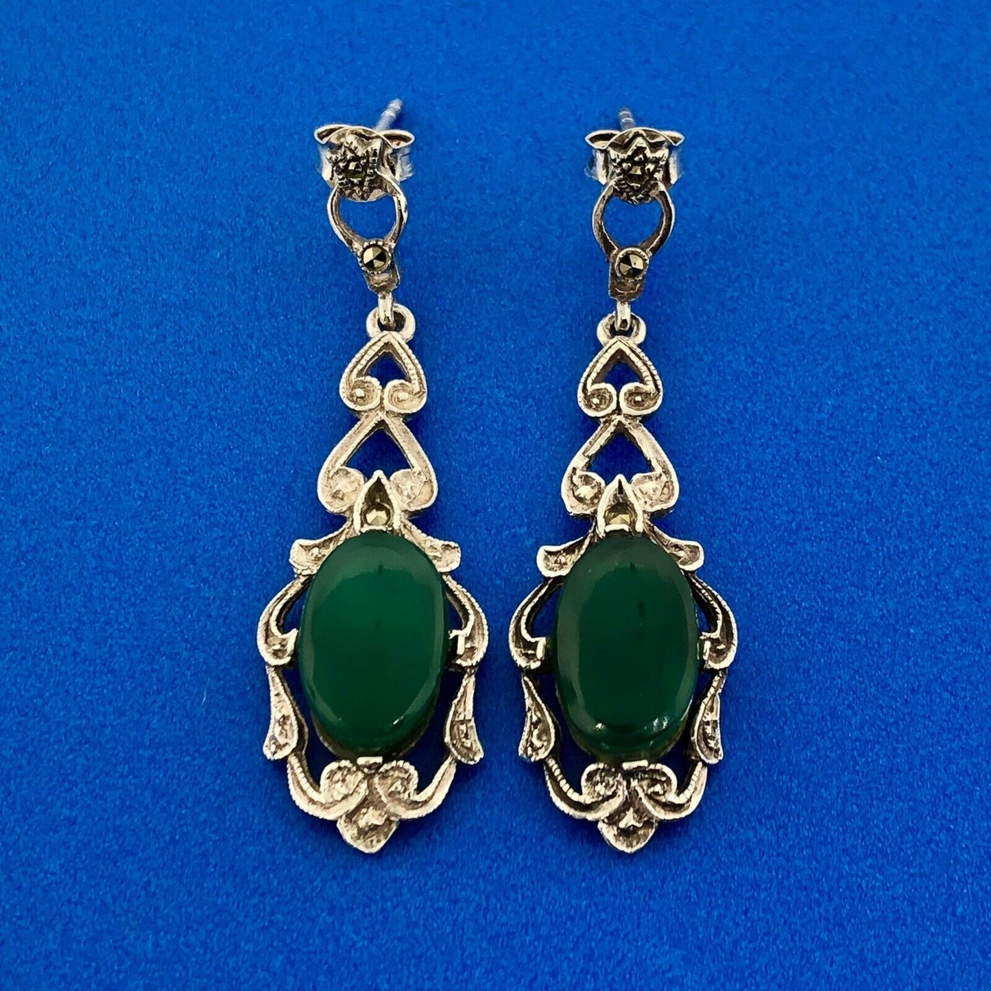 Sterling Silver 925 Oval Green Onyx Marcasite Openwork Filigree Dangle Earrings