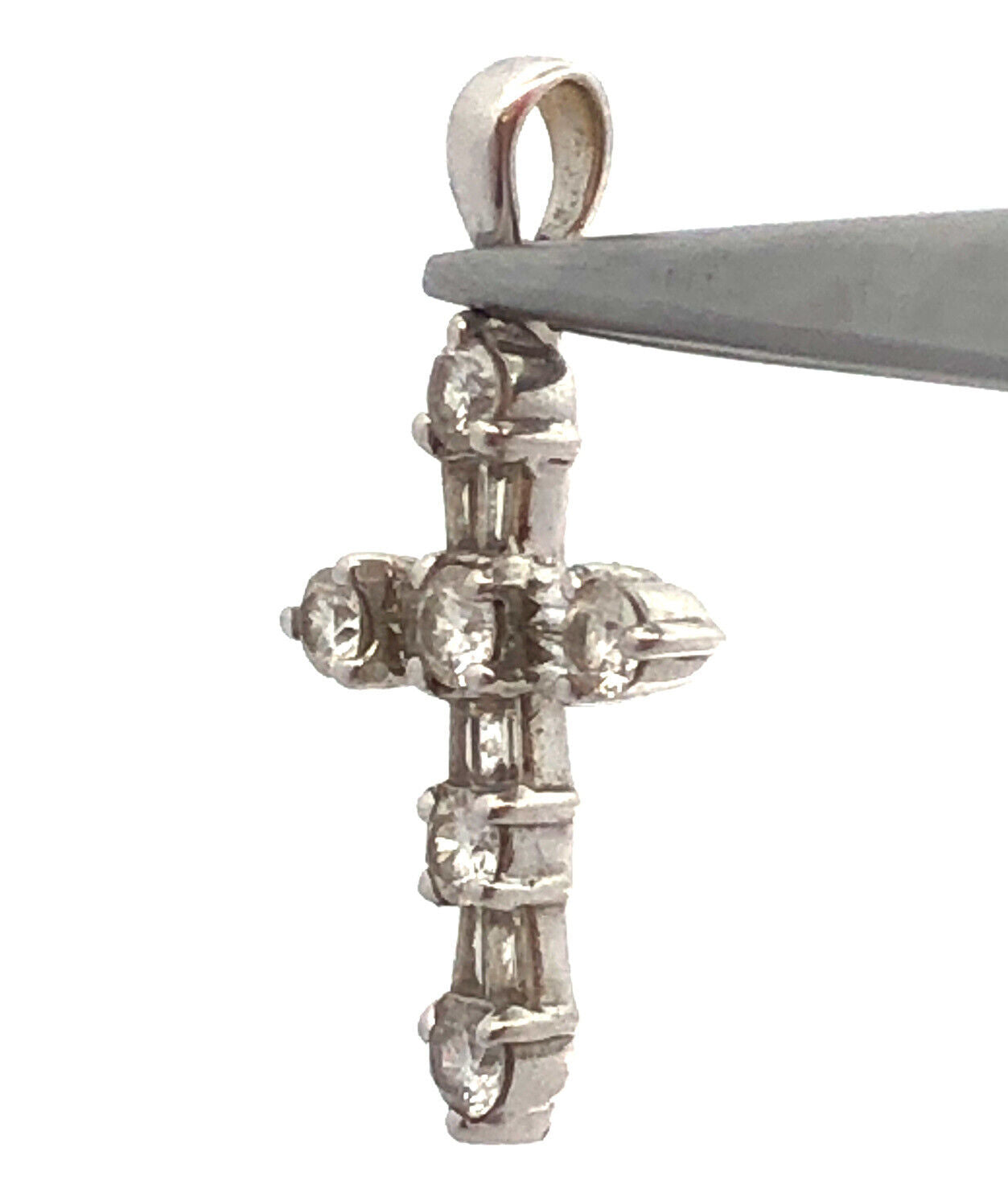 18K White Gold Round & Baguette Diamond Encrusted Religious Cross Pendant