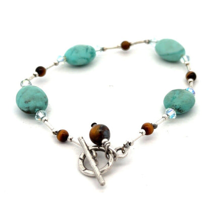 Estate 925 Sterling Silver Turquoise Tigers Eye Crystal Beaded Toggle Bracelet