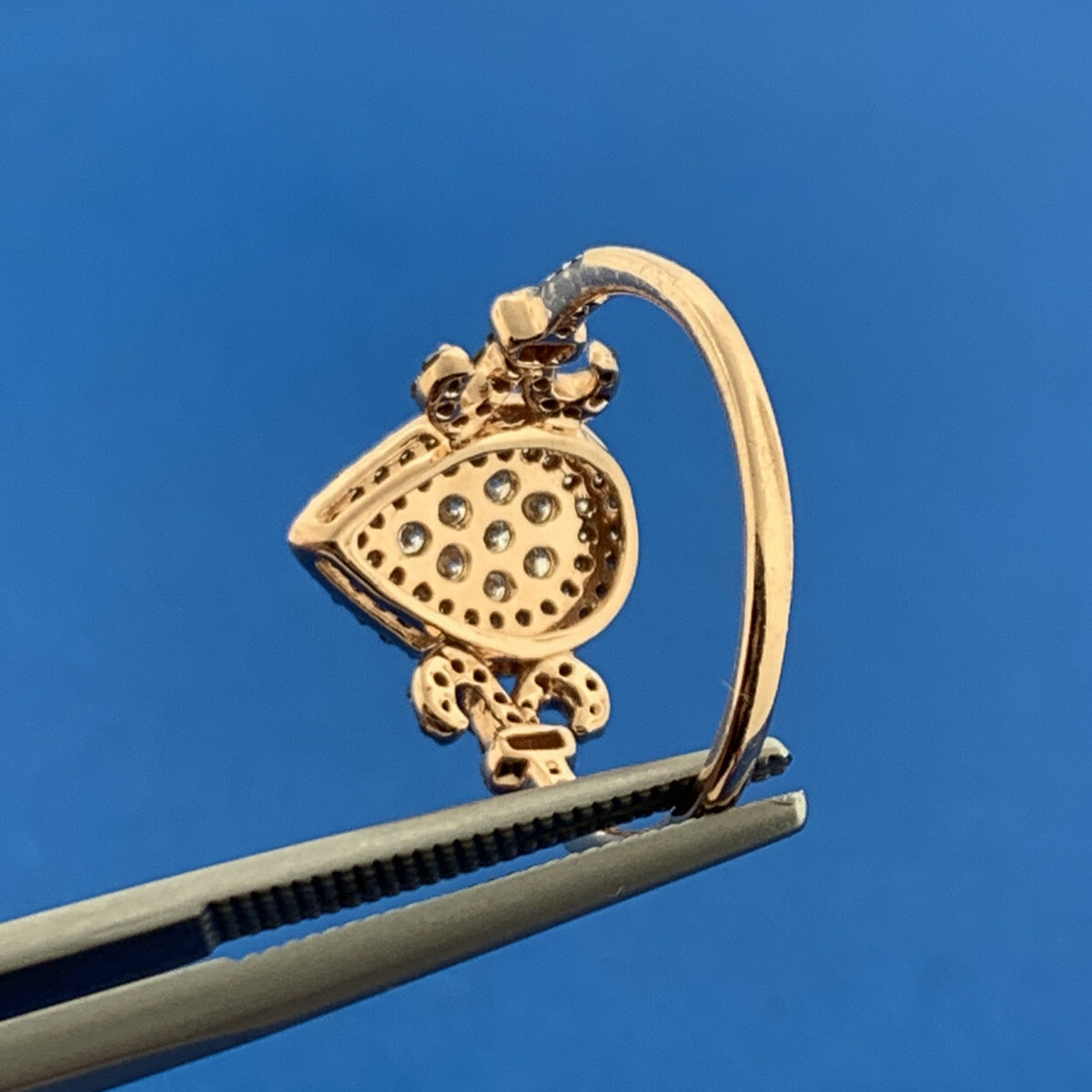 Designer 14K Rose Gold White Mocha Pave Diamond Fleur De Lis Pear Ring