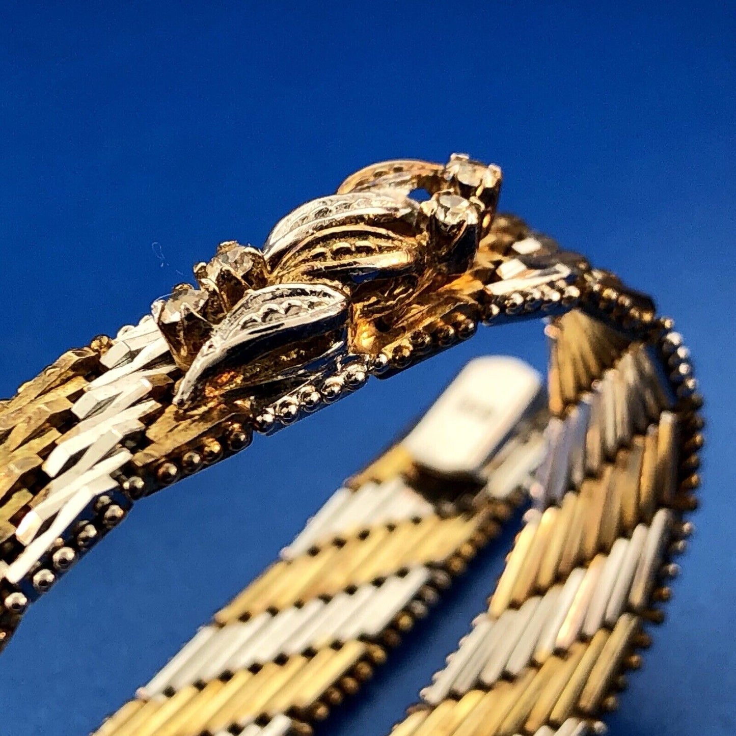 Vintage Sterling Silver 925 Diamond Two Tone Textured Weave Link Bracelet