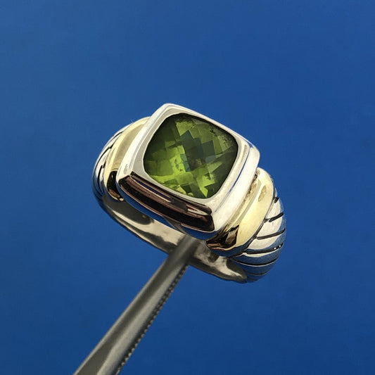 David Yurman 925 Sterling Silver 14K Yellow Gold Peridot Classic Cable Dome Ring