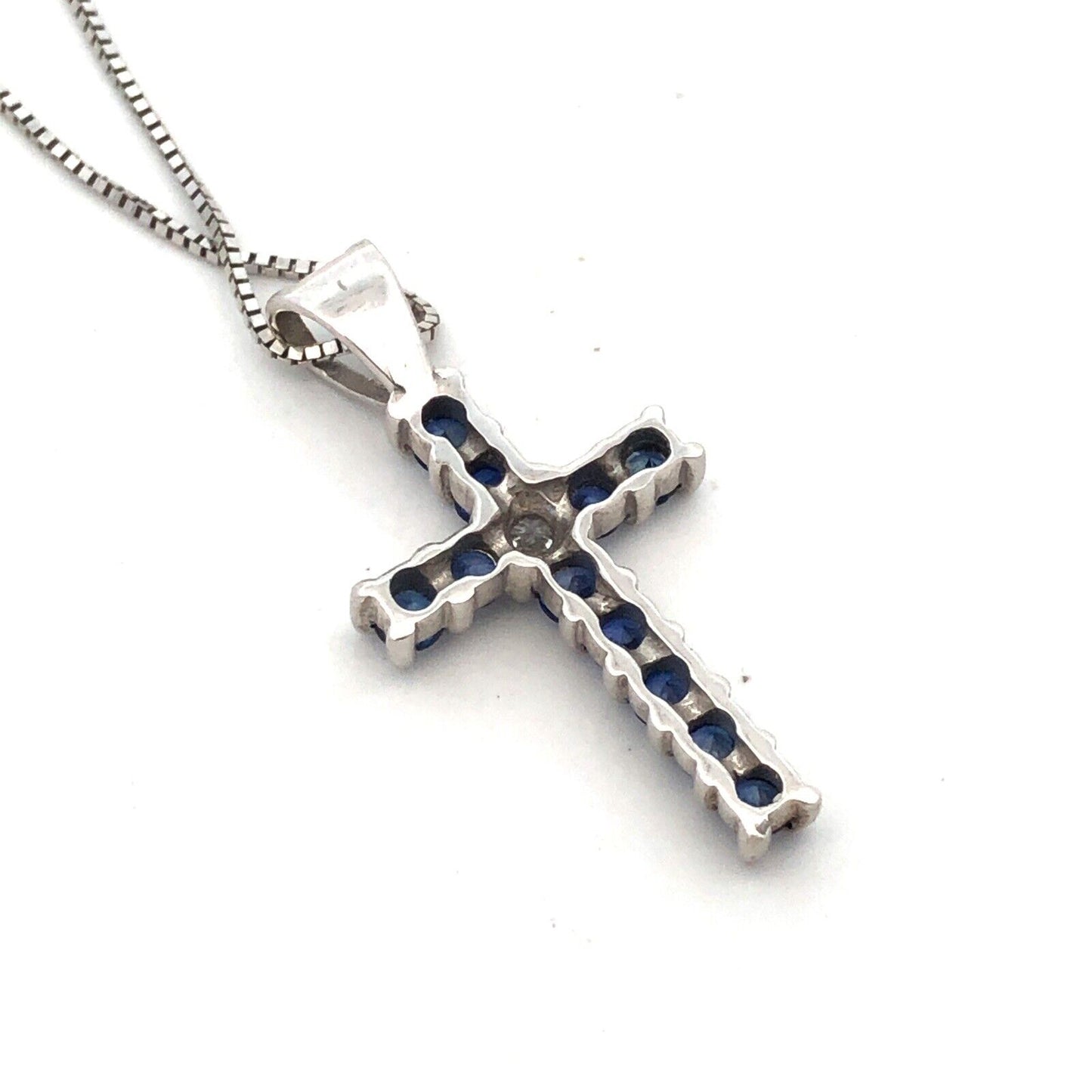 Designer 14K White Gold Blue Sapphire Diamond Pave Cross Pendant Necklace