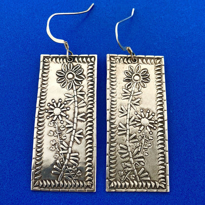 Artisan Brandon 925 Sterling Silver Floral Design Rectangle Drop Dangle Earrings