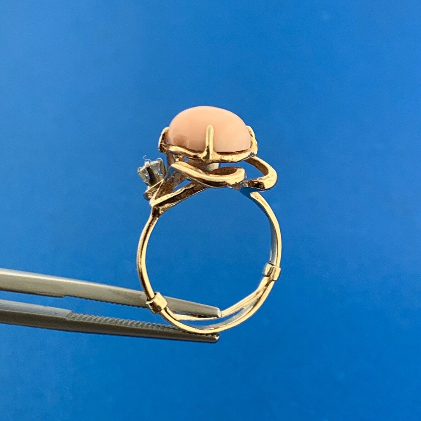 Modernist 14K Yellow Gold Pink Coral Diamond Accented Free Form Artisan Ring