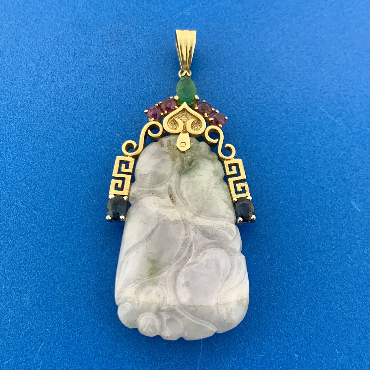 Gorgeous 18k Yellow Gold Carved White Jade Emerald Ruby Sapphire Dangle Pendant