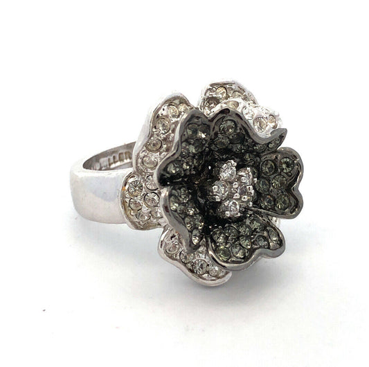 Designer Nolan Miller Silver Tone Pave Cubic Zirconia Black White Flower Ring