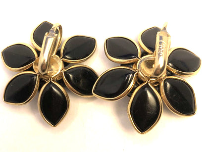 Designer Coro Gold-Tone Black Enamel Flower Statement Clip-on Stud Earrings