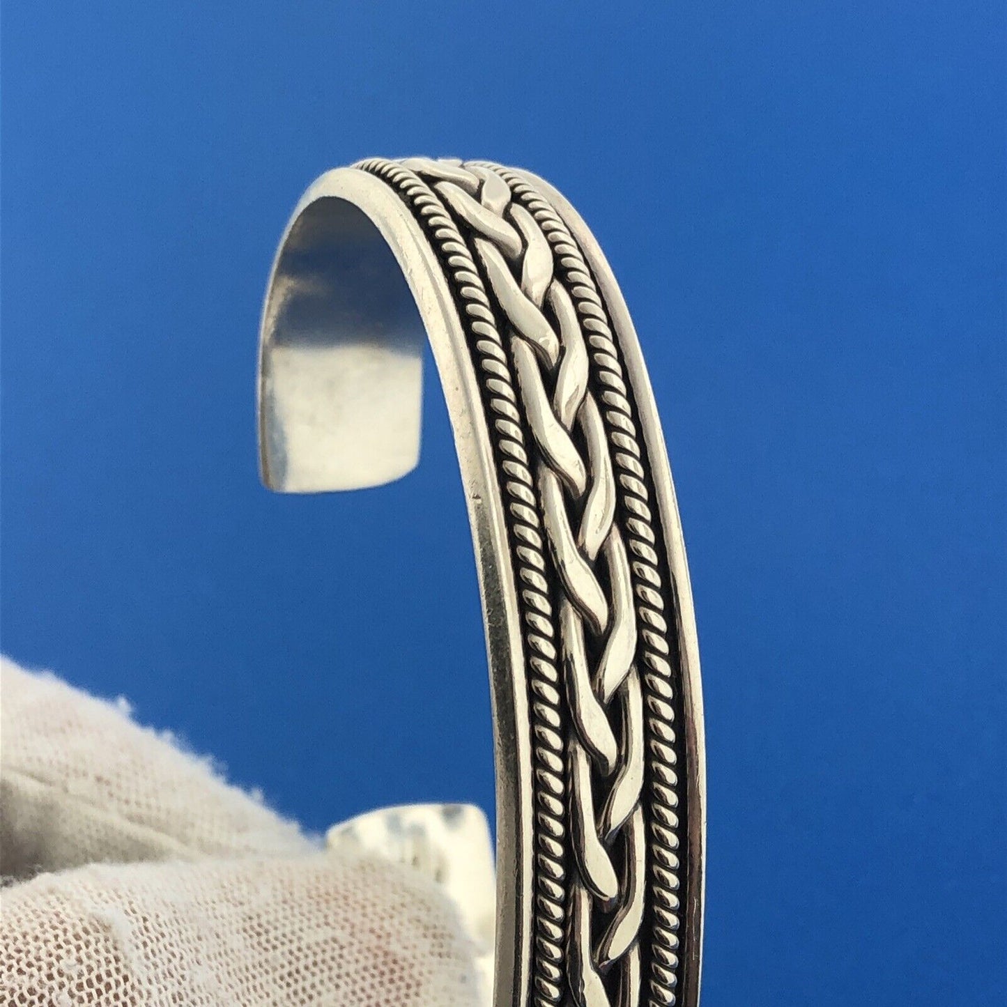 Mexico Sterling Silver 925 Needlepoint Basket Weave Design Cuff Bracelet