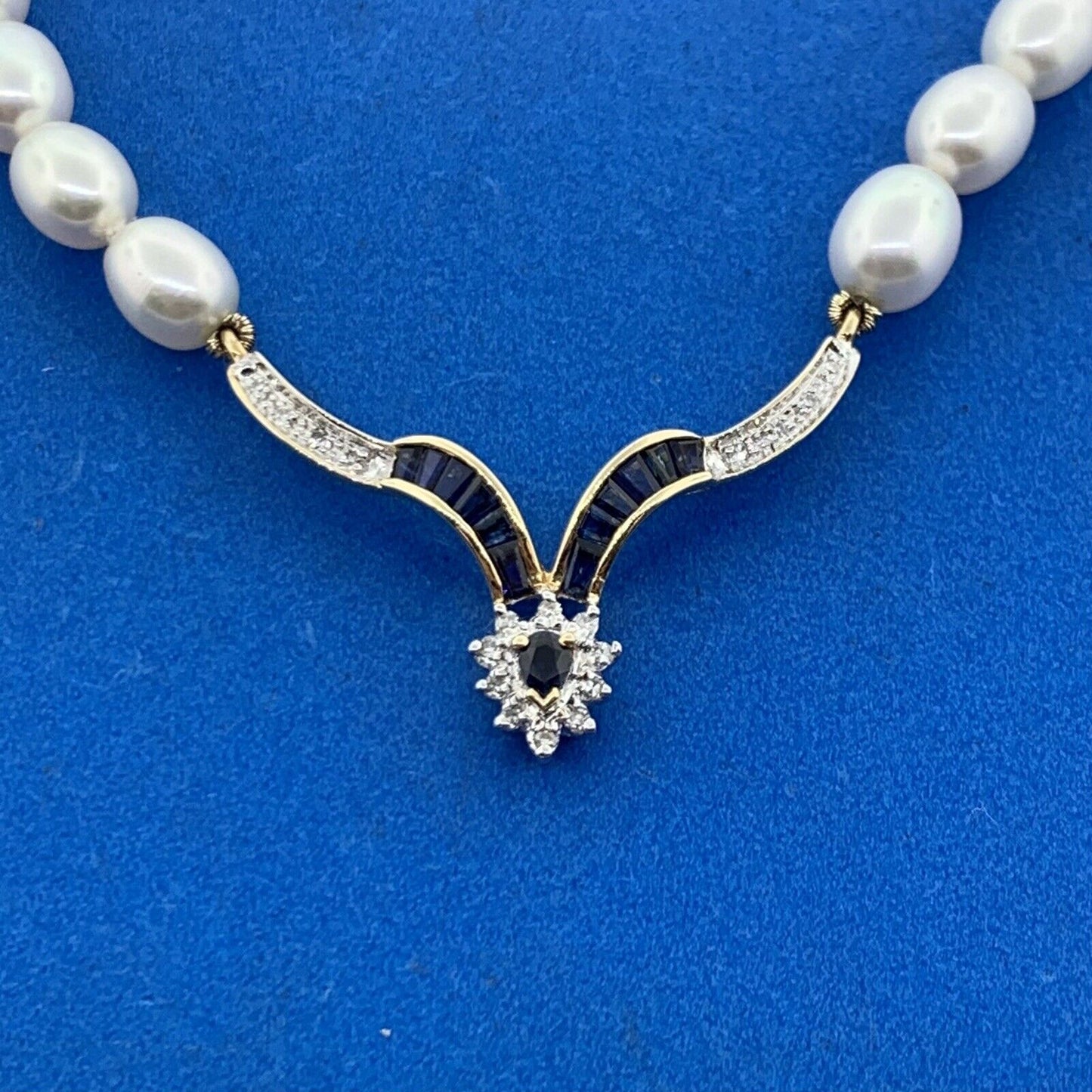 14K Yellow Gold Pearl Diamond Blue Sapphire Accented V Necklace