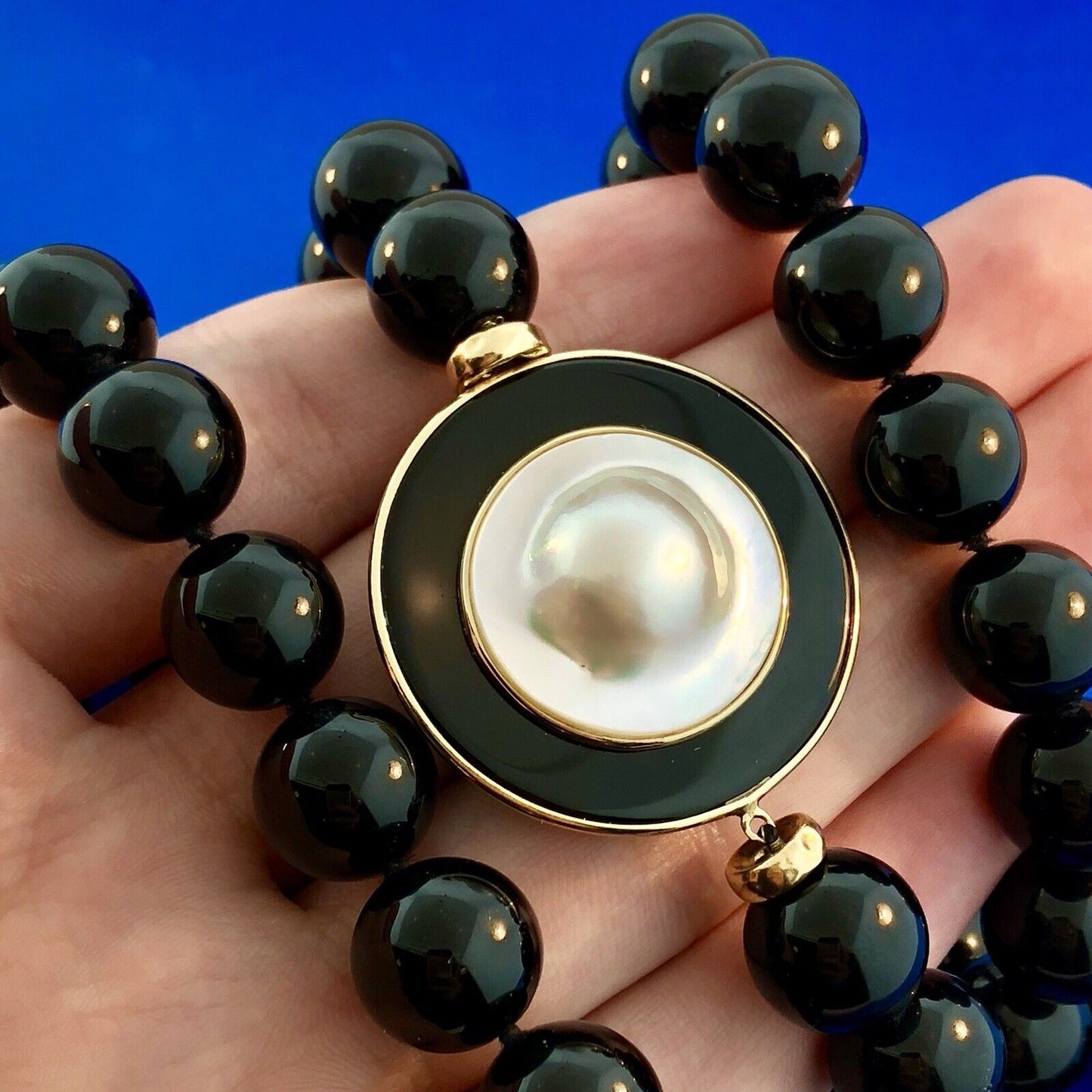 14K Yellow Gold Black Onyx Bead Mother Of Pearl Black White Modernist Necklace