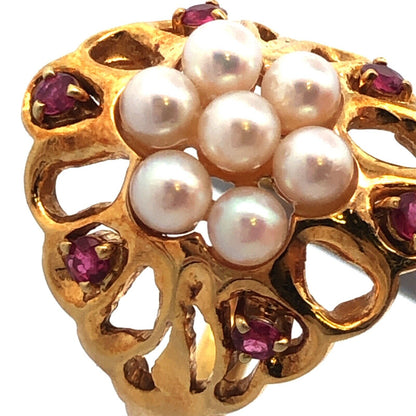 Vintage 18k Yellow Gold Pearl Cluster Ring with Ruby Accents