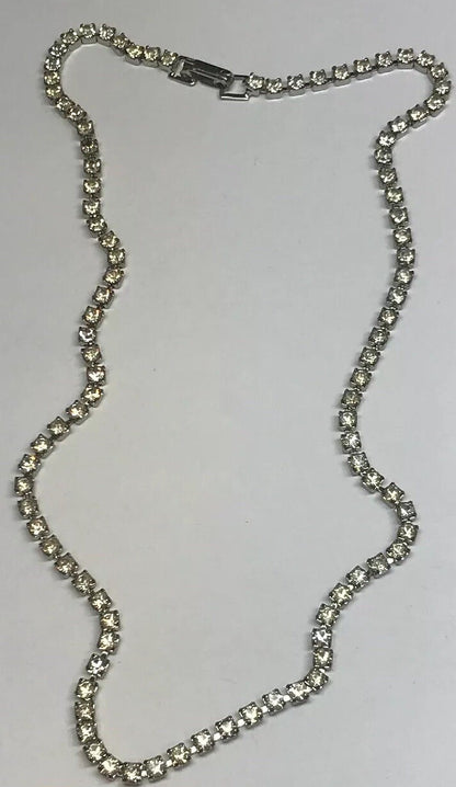 Vintage Art Deco Silver Tone Bezel Set Crystal Rhinestone Necklace