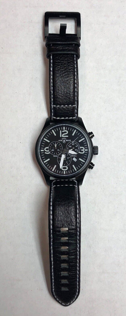 Air Blue Bravo Precision Pilot Mens Watch Chronograph Black Leather Strap In Box