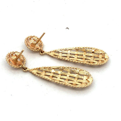 14K Yellow Gold Tear Drop Textured Basket Weave Dangle Stud Earrings