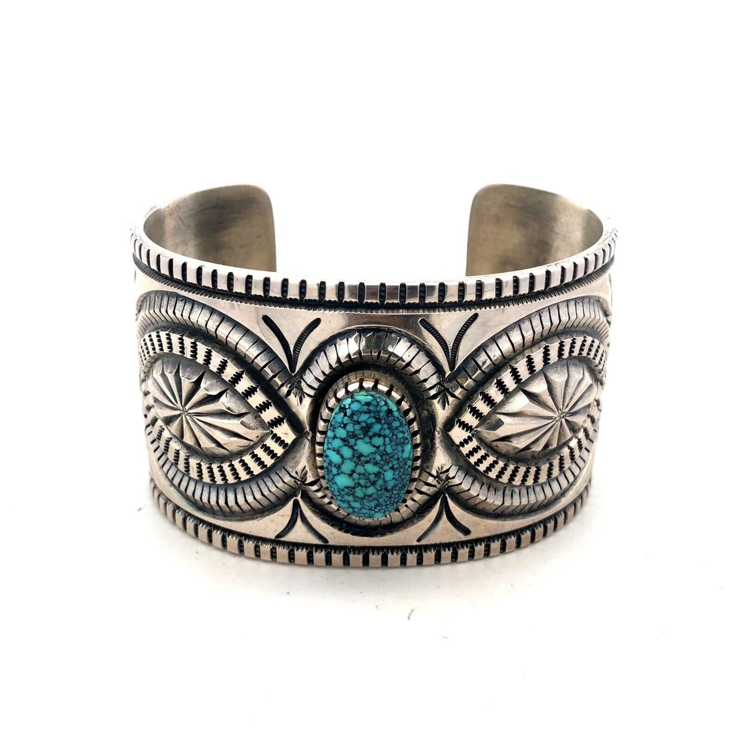 Native American Picto Signed Sterling Silver Turquoise Statement Cuff Bracelet