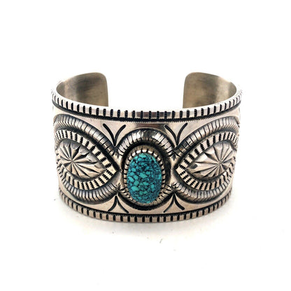 Native American Picto Signed Sterling Silver Turquoise Statement Cuff Bracelet