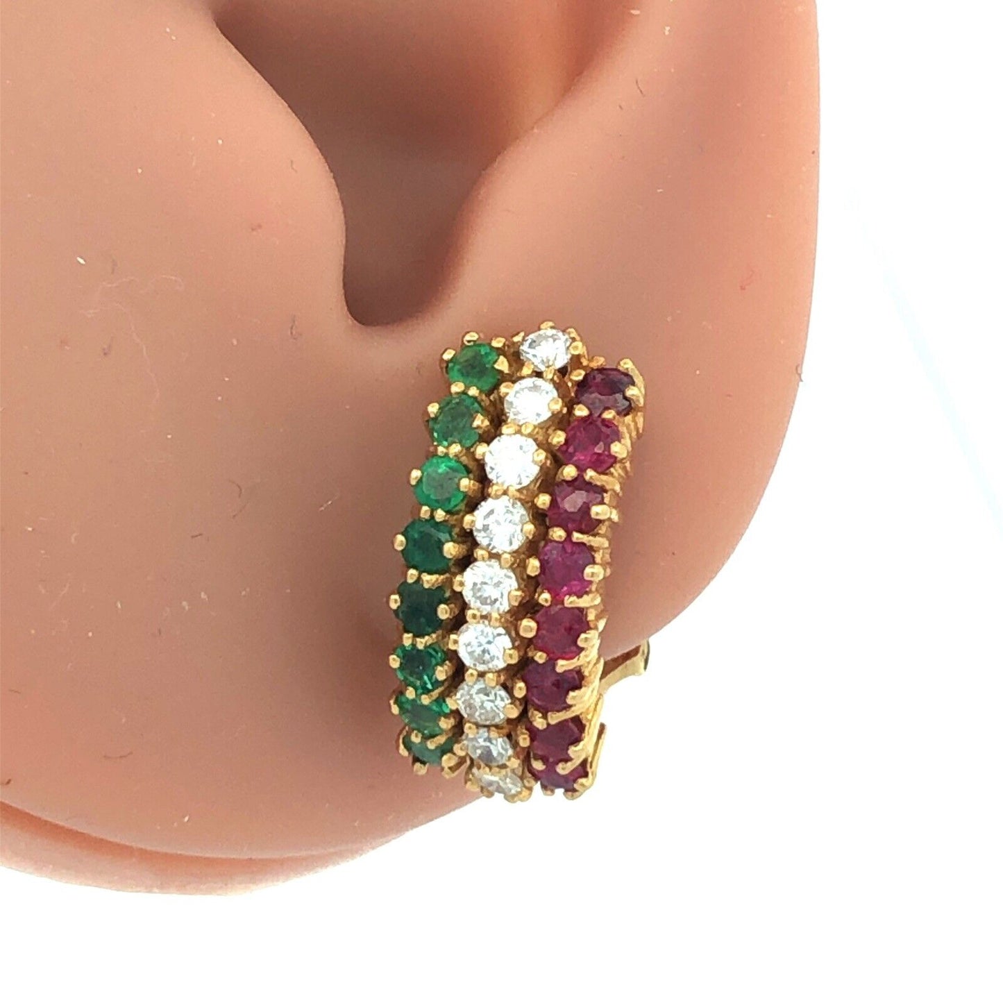 18K Yellow Gold Ruby Emerald Diamond Shrimp Omega Back Earrings