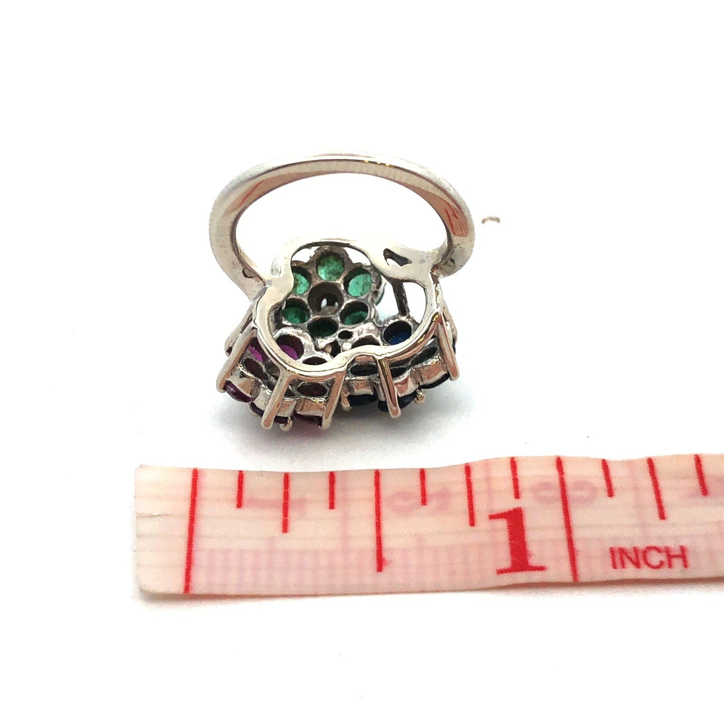 KOL 14K White Gold Round Ruby Sapphire Emerald Topaz Floral Cluster Pinky Ring