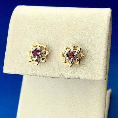 Retro 14K Yellow White Gold Ruby Starburst July Anniversary Stud Earrings