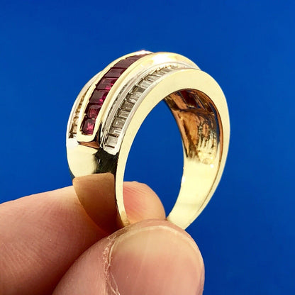Vintage SRT 14K Yellow White Gold Diamond Ruby Channel Set Tapered Band Ring