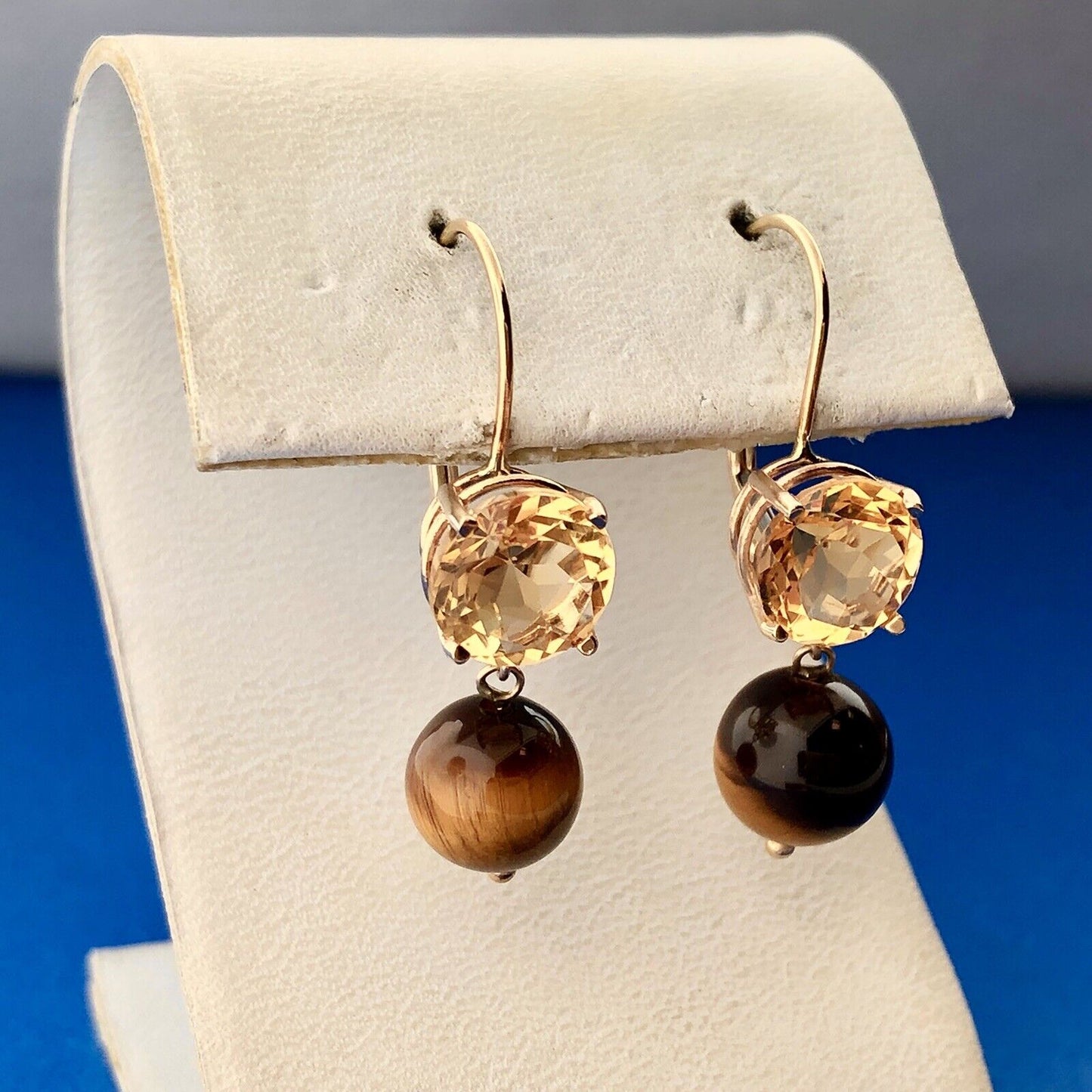 Vintage 14K Yellow Gold Citrine Solitaire Tigers Eye Ball Drop Dangle Earrings