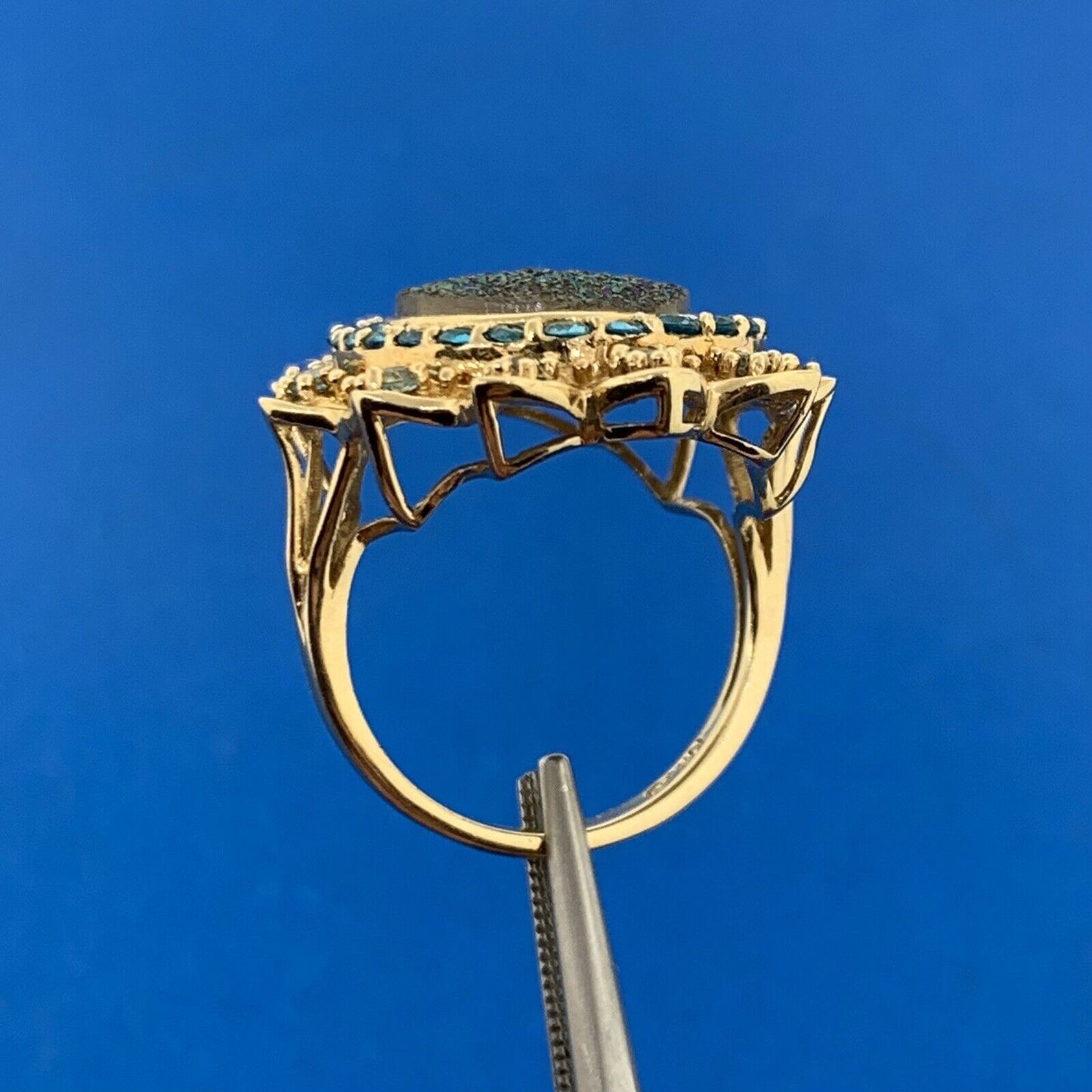 Designer 10K Yellow Gold Drusy Quartz Aquamarine CZ Statement Finger Ring