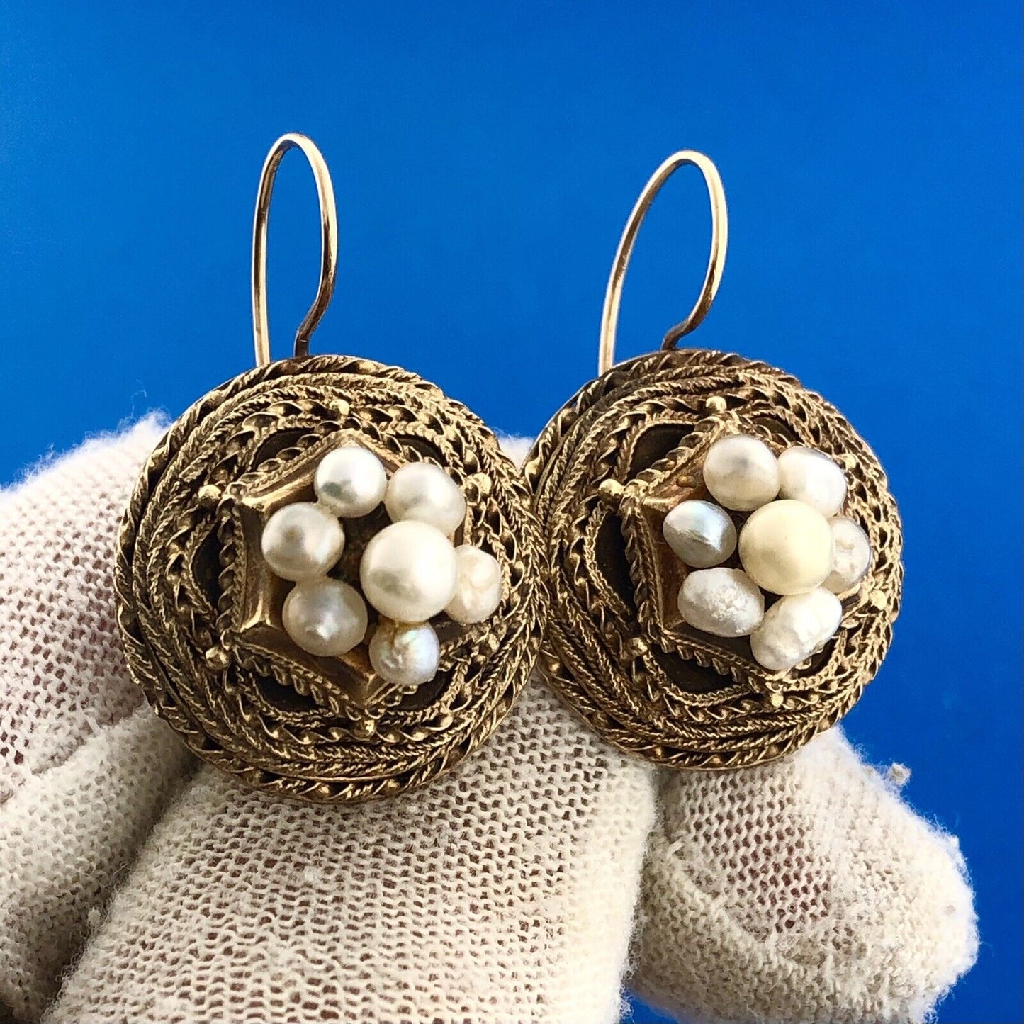 Mid Century 14K Yellow Gold Pearl Cluster Bird Nest Statement Drop Earrings