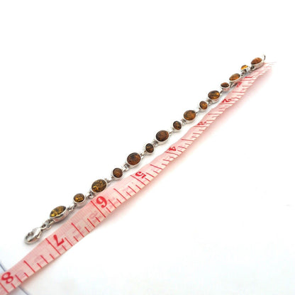 Vintage 925 Sterling Silver Oval Round Cabochon Amber Tennis Bracelet