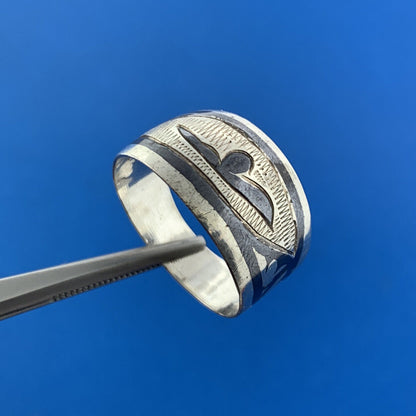 Vintage 925 Sterling Silver Niello Floral Design Statement Cigar Band Ring