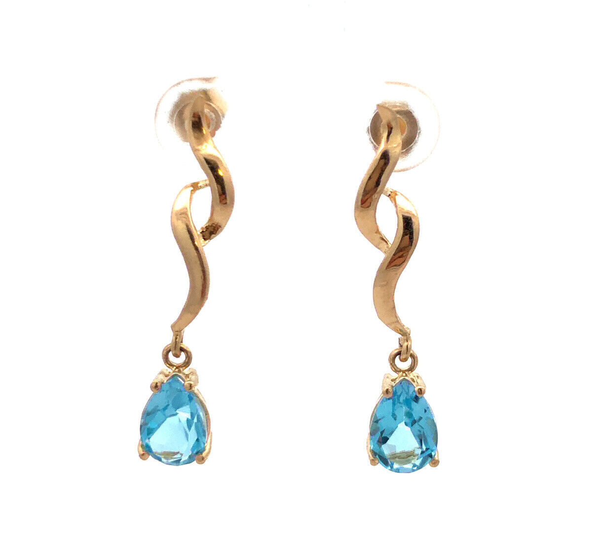 Designer ATL 14K Yellow Gold Pear Cut Blue Topaz Modernist Dangle Stud Earrings