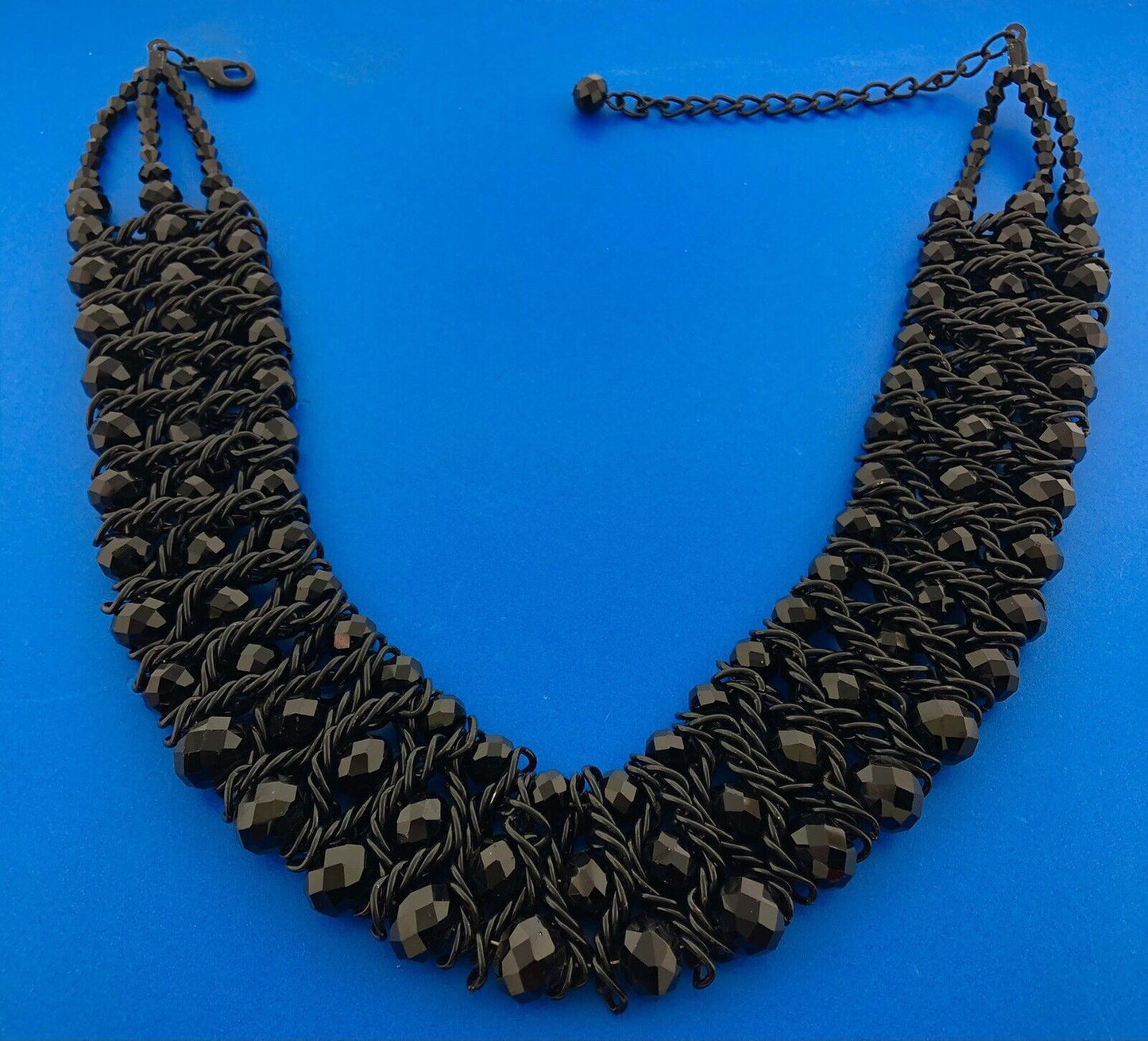 Mid Century Black Toned Carved Beaded Black Jet Woven Statement Necklace Bib