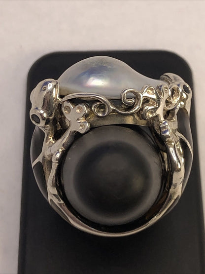 Designer GSJ 925 Sterling Silver Mother of Pearl Black Onyx Gecko Statement Ring