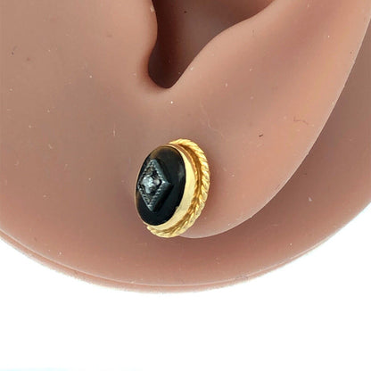 Vintage 14K Yellow Gold Oval Tigers Eye Diamond Accented Stud Earrings