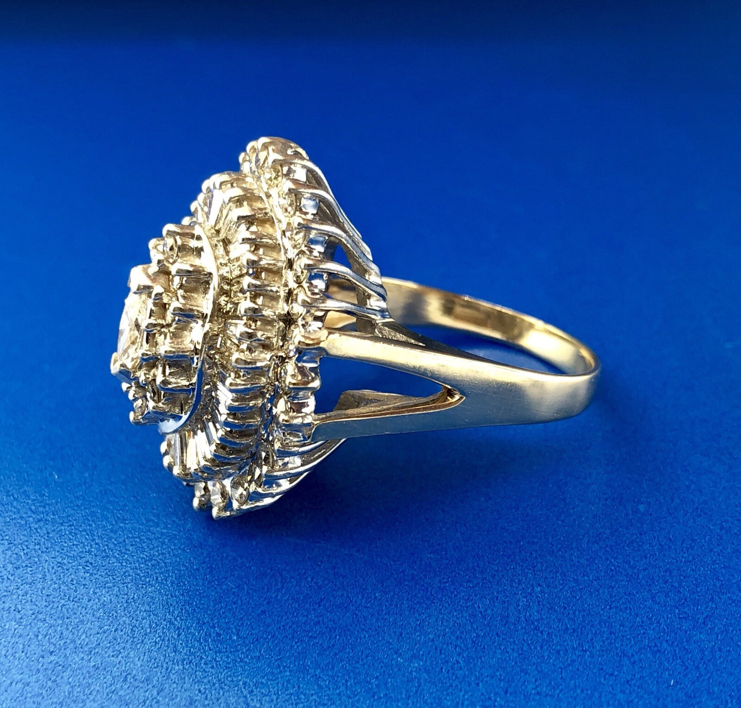 14K Yellow White Gold Diamond Halo Cluster 4 Tier Statement Cocktail Ring