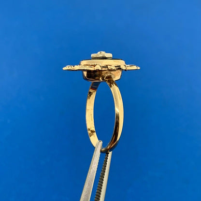 Vintage PSco 10K Yellow Gold Onyx Diamond Black Enamel Scroll Cocktail Ring
