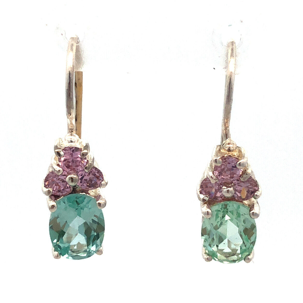 Designer HAN 925 Sterling Silver Oval Aquamarine Pink CZ Dangle Hook Earrings